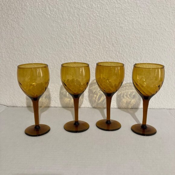 Vintage Amber Swirl Wine Cordial Glasses Blown Glass Set Of 4 - Picture 2 of 5